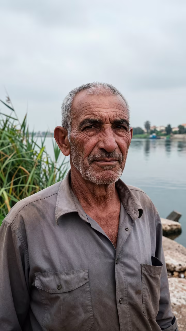 Retired Mine Foreman Silicosis Port Said Portrait in near a riverside landing in Port Said