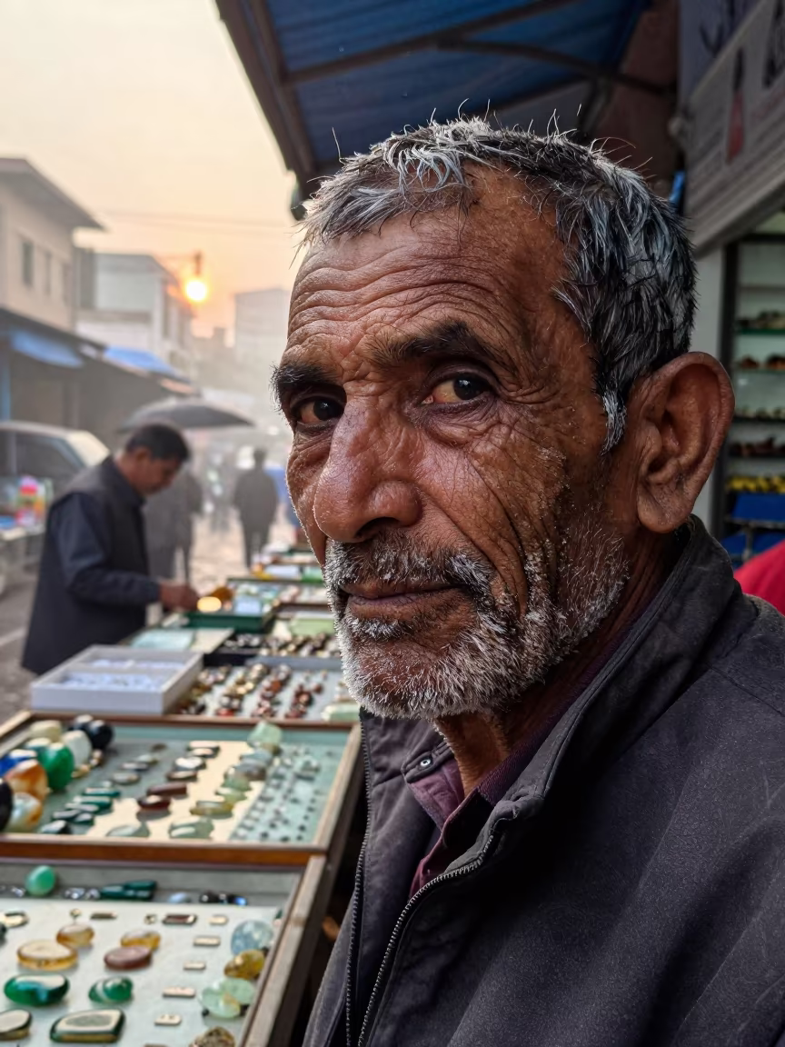 Retired Miner Face with Quartz Dust at Dawn in Raipur Bazaar in at a jewelry counter inside a covered bazaar in Raipur