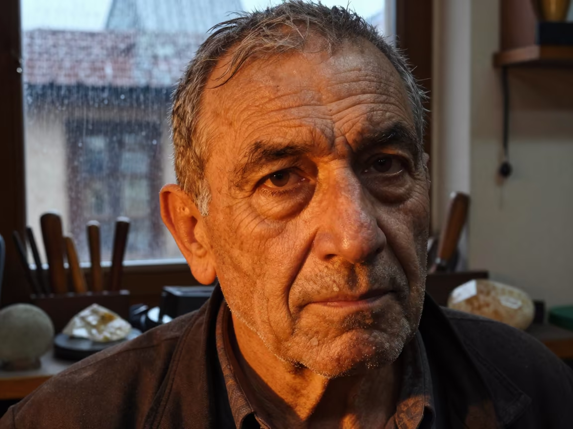 Retired Miner Face with Quartz Dust in inside a goldsmith workshop behind the market lane in Sarajevo