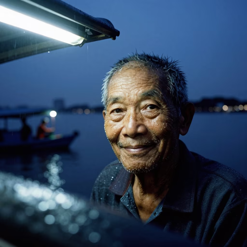 Retired Pearl Fisher Face Under Fluorescent Light in near a riverside landing in Singapore