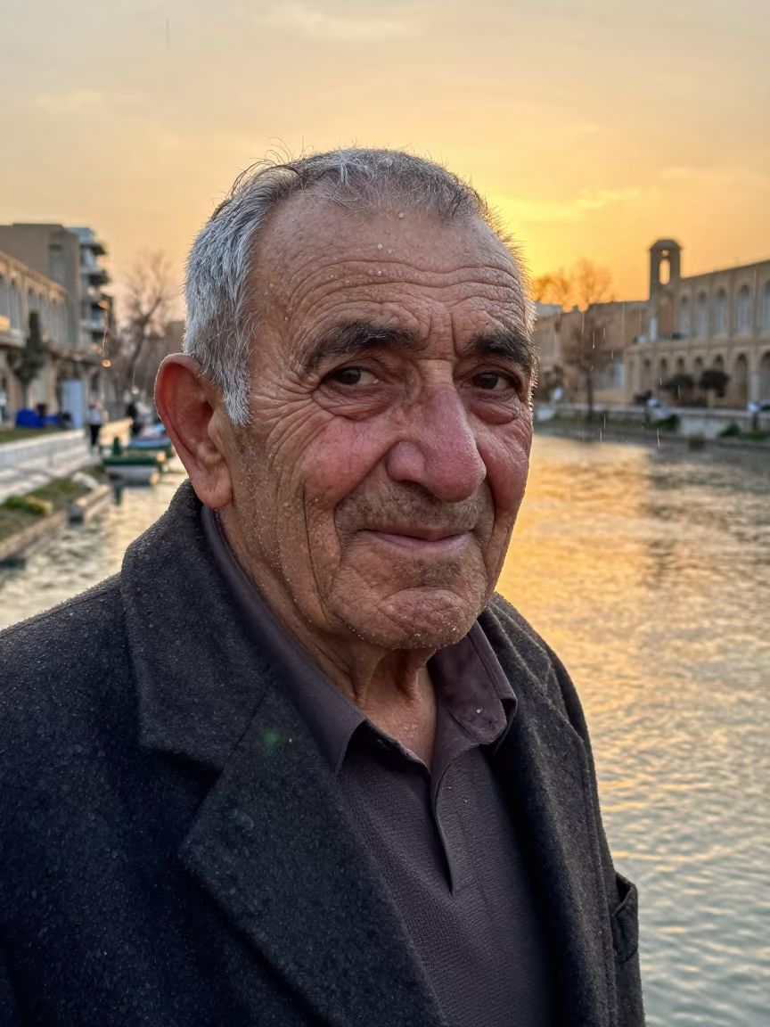 Retired Pearl Fisher Sunset Portrait Tehran Winter Rain in beside a canal in Tehran