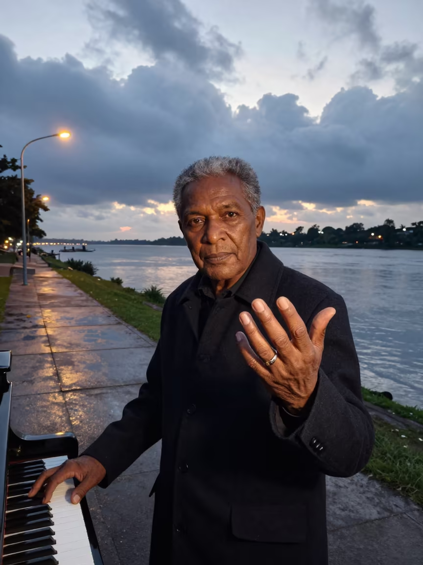 Retired Pianist by Jalingo River at Dawn in near a riverside landing in Jalingo