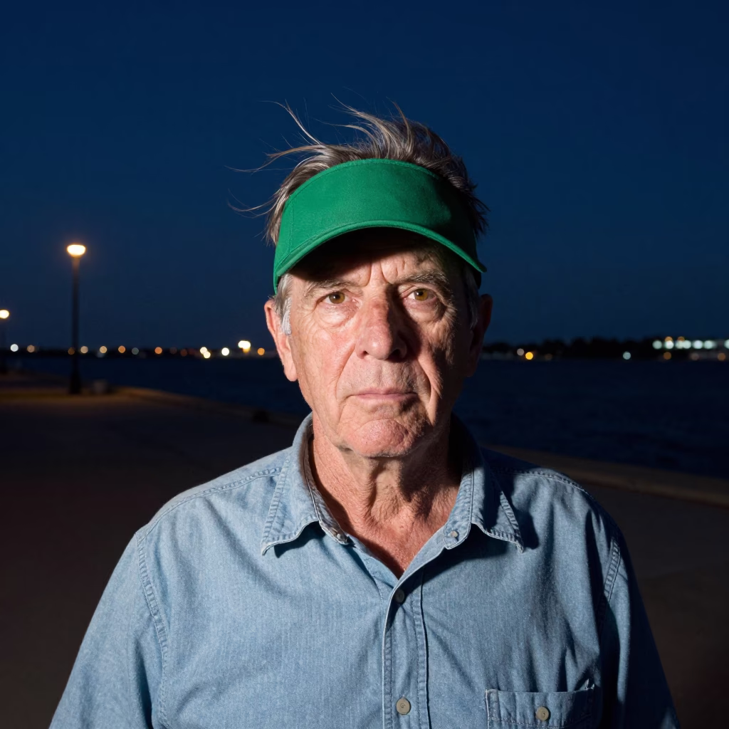 Retired Pit Boss Harbor Night Portrait in at a harbor edge in Houston