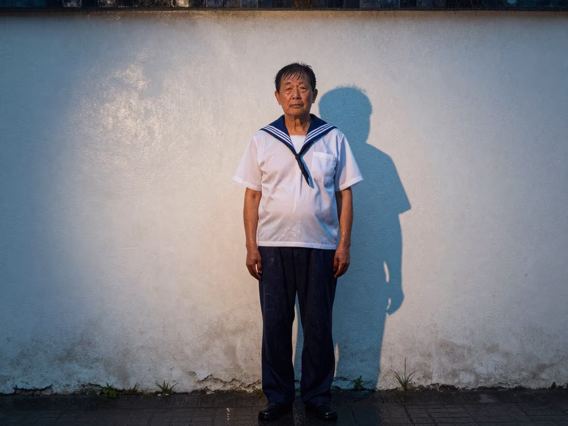 Retired Sailor Portrait with Lacquer Fingertips Busan in against a sun-bleached plaster wall near Nampo-dong, Busan