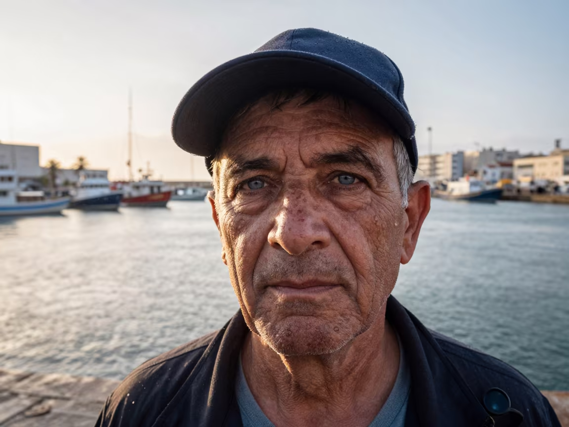 Retired Sea Captain Portrait in Essaouira Drizzle in at a harbor edge in Port, Essaouira