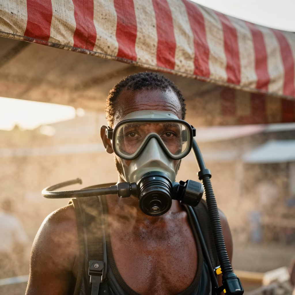 Retired Smoke Diver Portrait Under Arua Awning in under a striped market awning near Arua