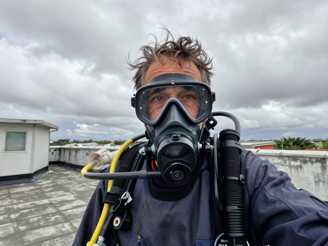 Retired Smoke Diver Portrait with Respirator Marks in along a windswept rooftop near Damanhur