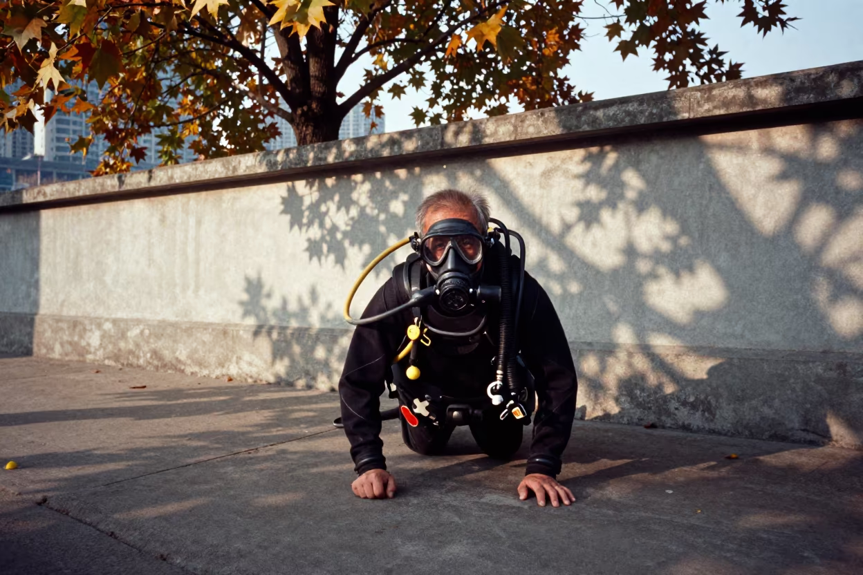 Retired Smoke Diver with Respirator Marks in beside a harbor wall near Chongqing