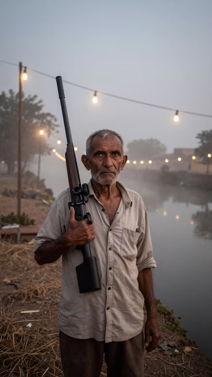 Retired Sniper Eyes Gaze at Canal Dusk Maradi in beside a canal in Maradi