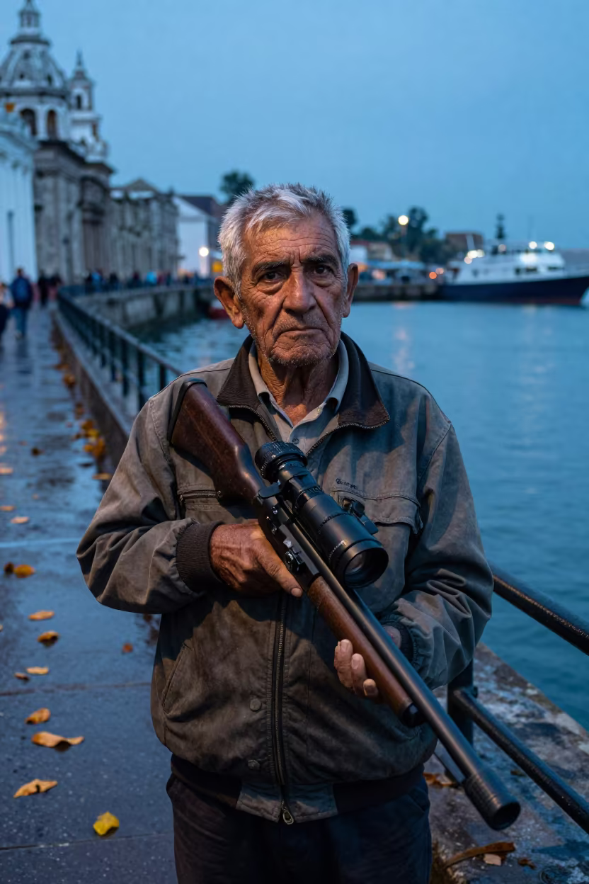 Retired Sniper Gaze at Cajamarca Harbor Dusk in at a harbor edge in Cajamarca