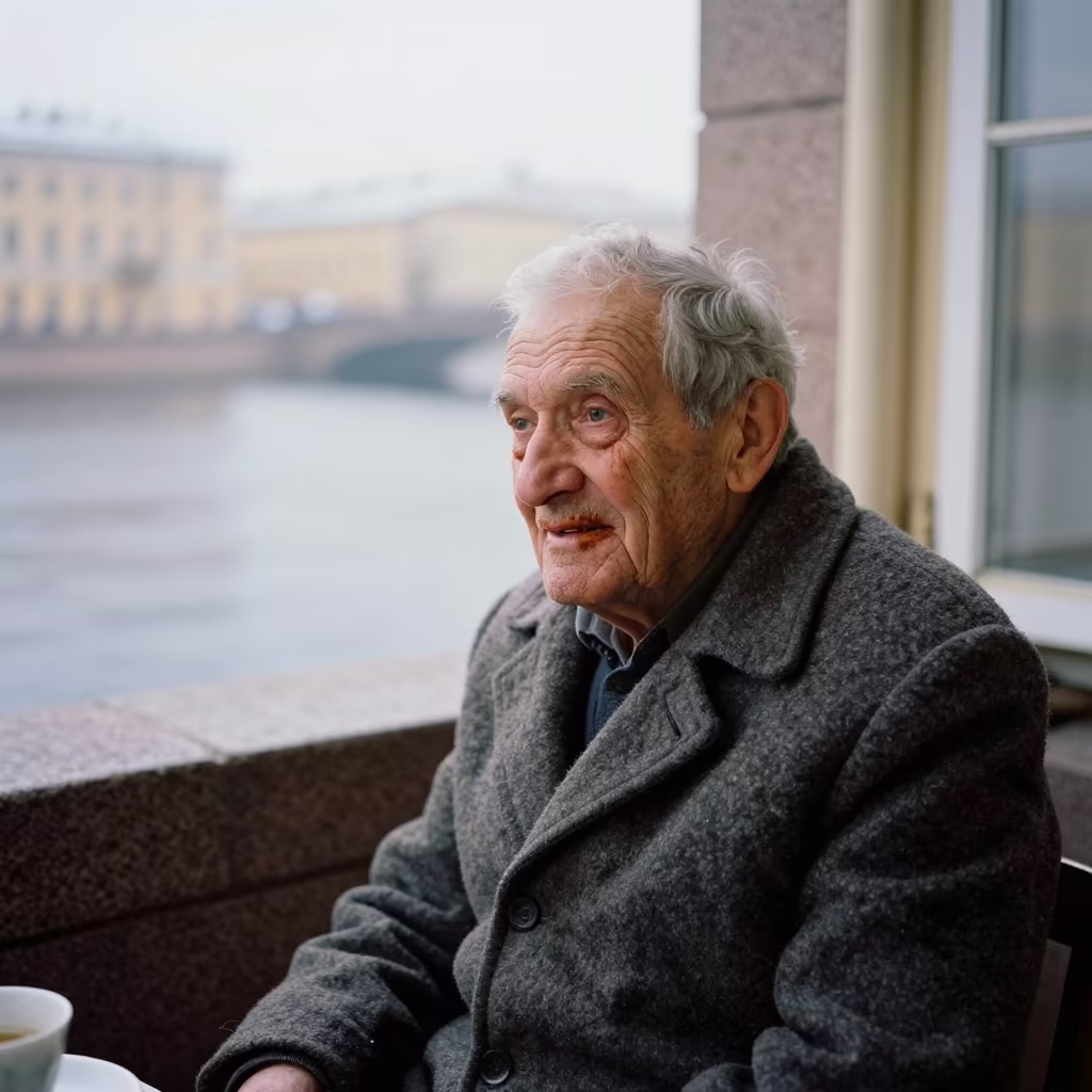Retired Tea Taster Portrait with Tannin Stains in near a riverside landing in St Petersburg