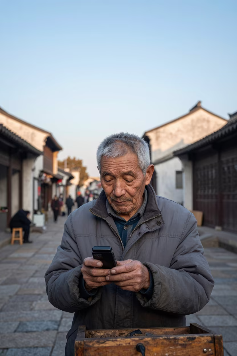 Retired Telegraph Operator Tapping Fingers in Dawn Light in along a market lane in Suzhou