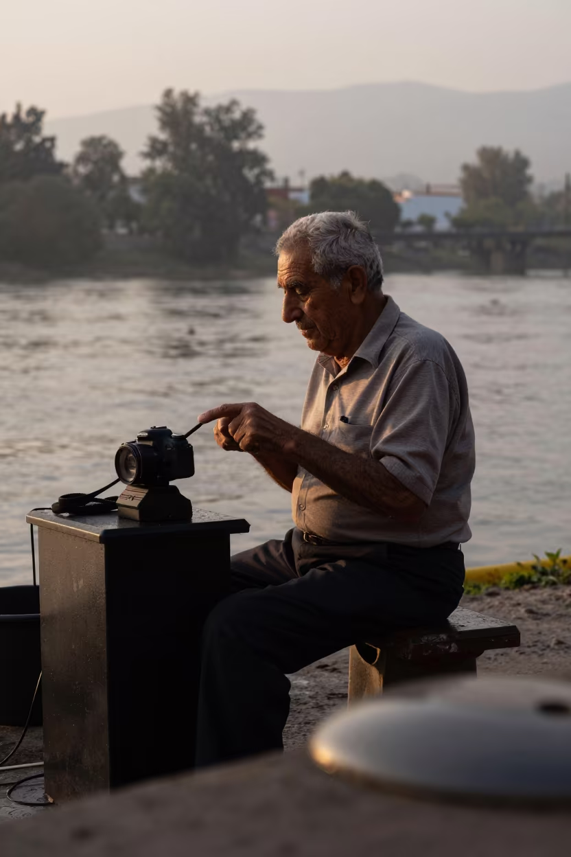 Retired Telegraph Operator Tapping Fingers Riverside in near a riverside landing in Guadalajara