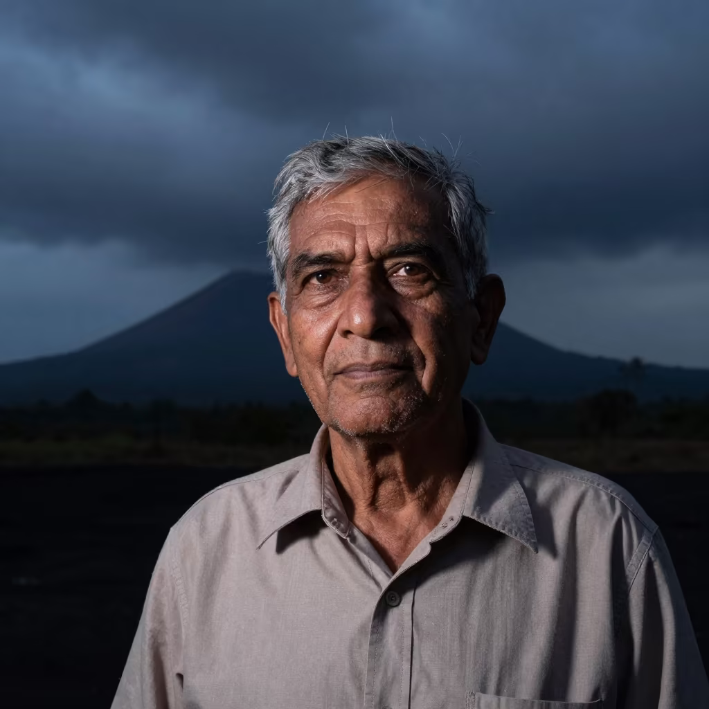 Retired Volcanologist Portrait in Monsoon Twilight in near Ulhasnagar