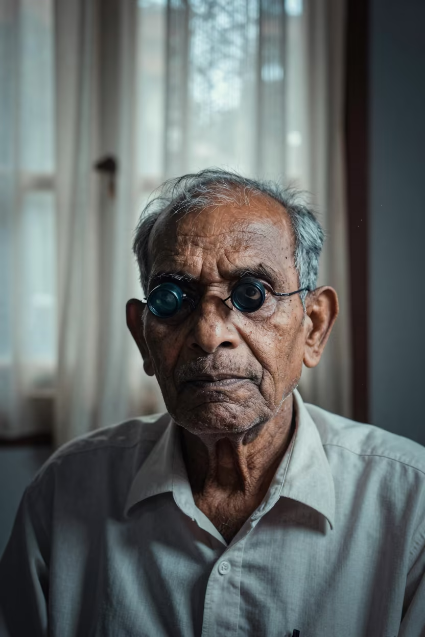 Retired Watchmaker Portrait with Loupe Marks in Mumbai in beside a curtain-diffused window in Worli, Mumbai