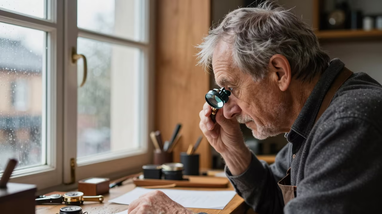 Retired Watchmaker Portrait in Oumé Window in by a workshop window in Oumé