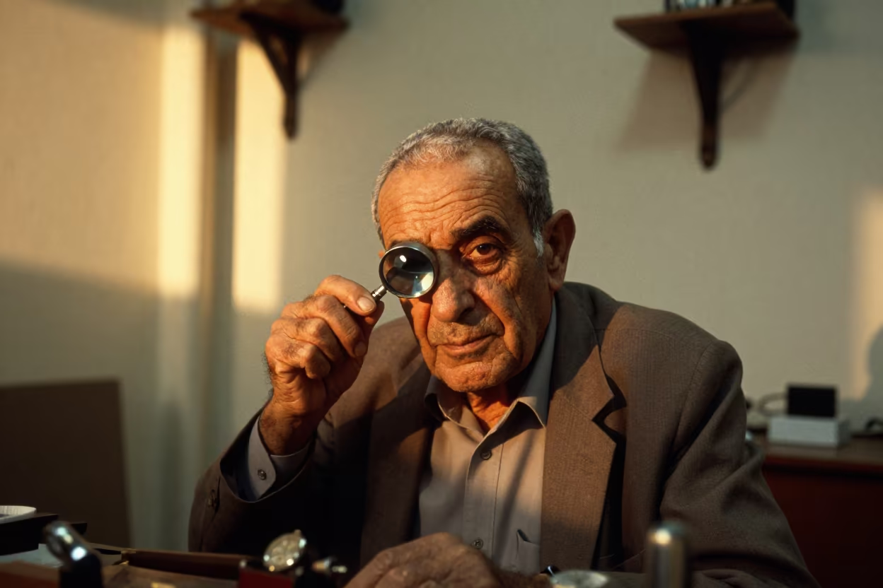 Retired Watchmaker Portrait in Ramadi Rehearsal Room in inside a quiet rehearsal room in Ramadi