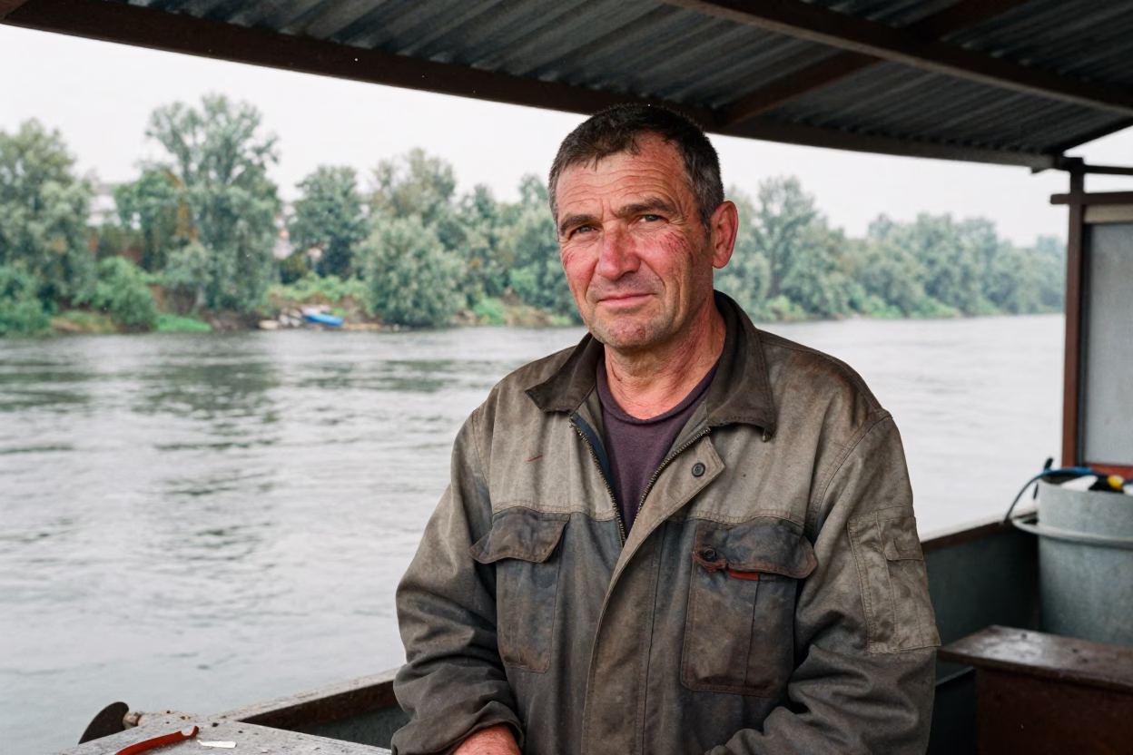Retired Welder by Yekaterinburg River with Snow in near a riverside landing in Yekaterinburg