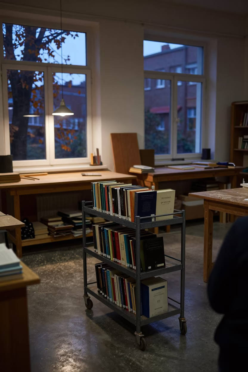Returned Books Cart in Izmir Woodshop in in a woodshop classroom in Izmir