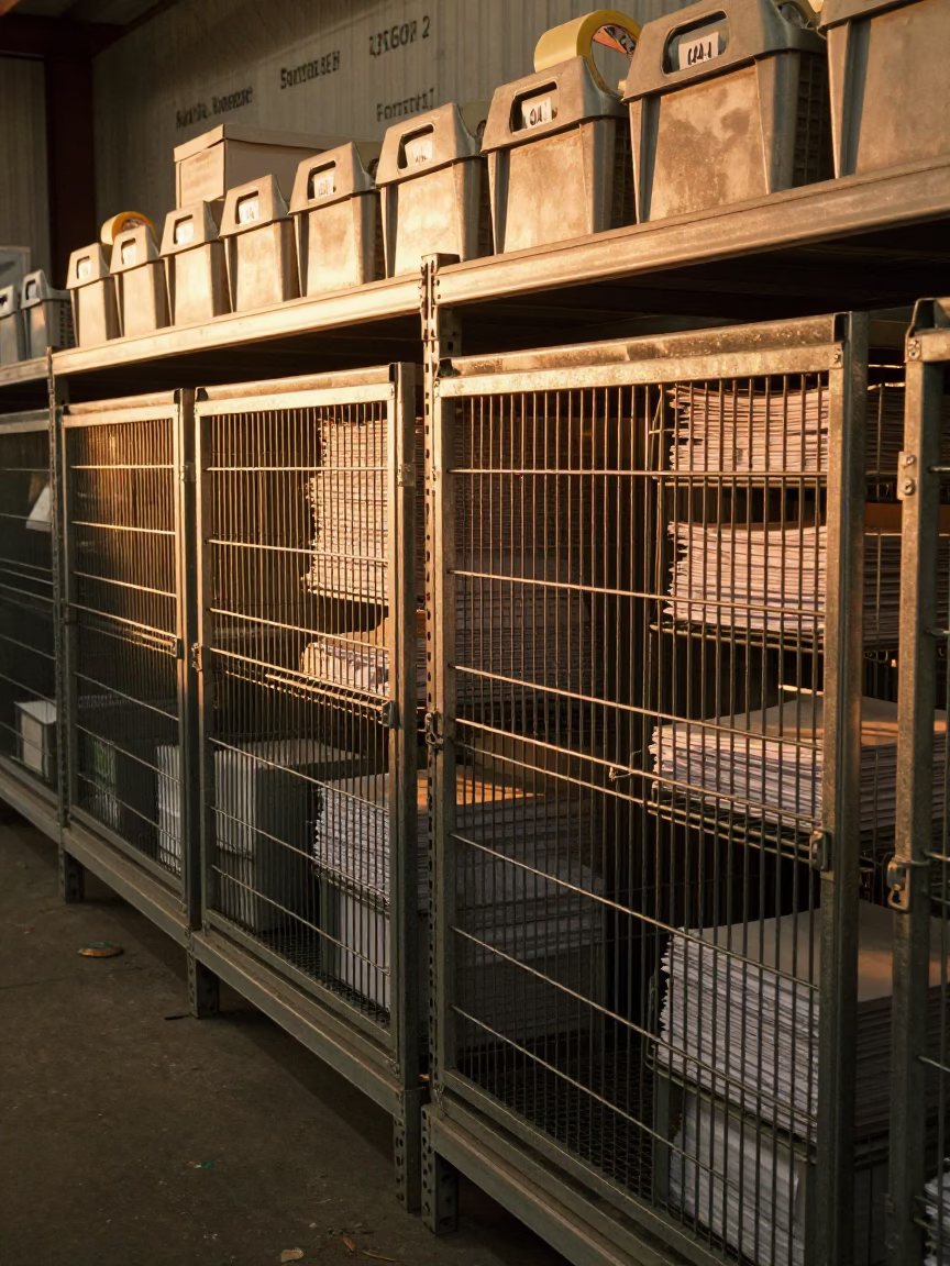 Returns Cage Count Sheets Sunset Santa Fe Warehouse in inside a warehouse aisle near Santa Fe