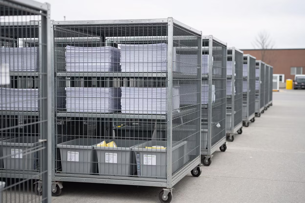 Returns Cage Inventory Work in Winter Cross-Dock in inside a cross-dock lane in Fredericton