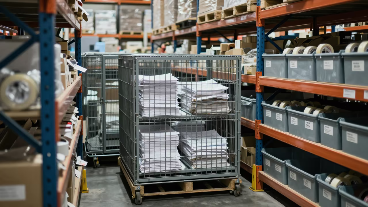 Returns Cage Packing Station Late Afternoon in at a fulfillment packing station near Braamfontein, Johannesburg