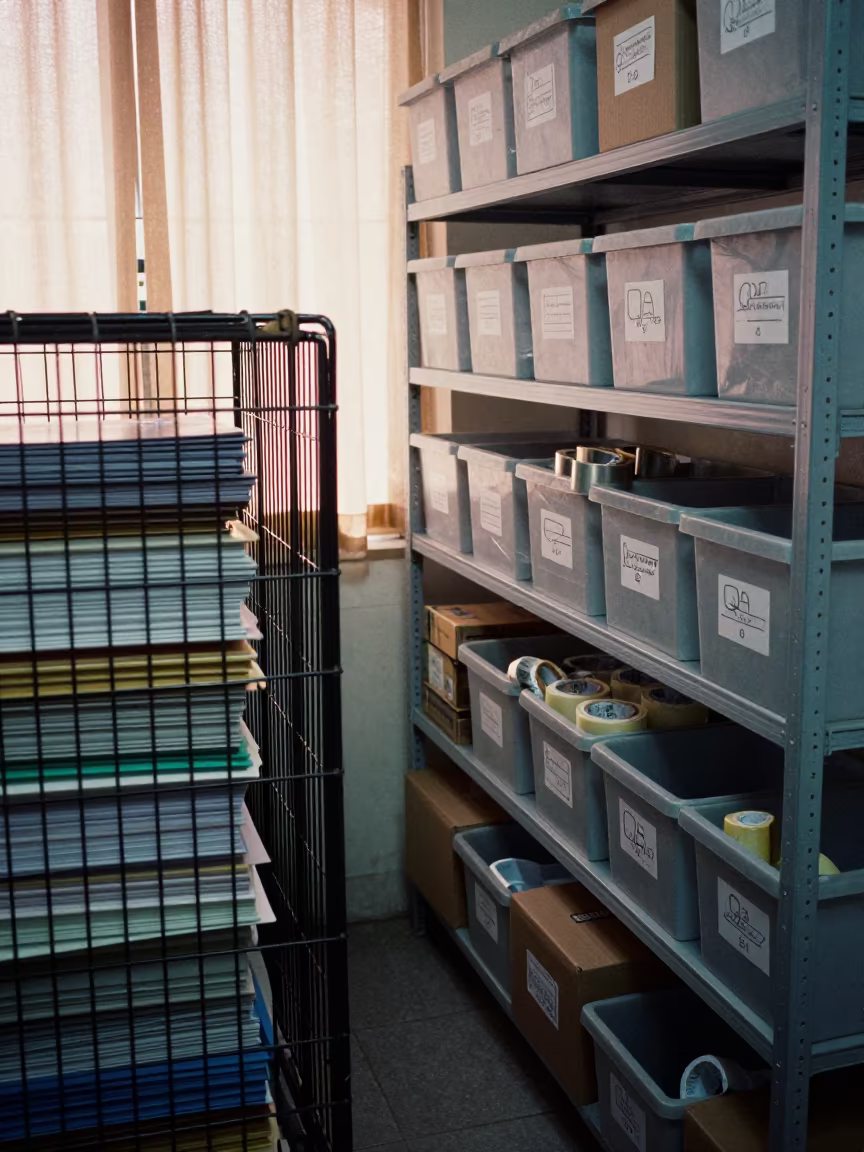 Returns Cage with Sheets Tape Bins in Dehradun Office in inside a dispatch office above the dock in Dehradun