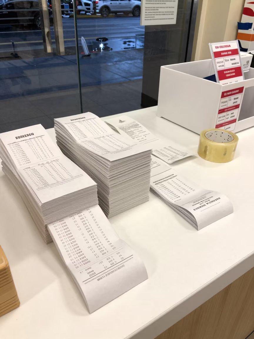 Returns Desk Receipts Tape Labels Night in at a checkout lane under flat store light in Quevedo