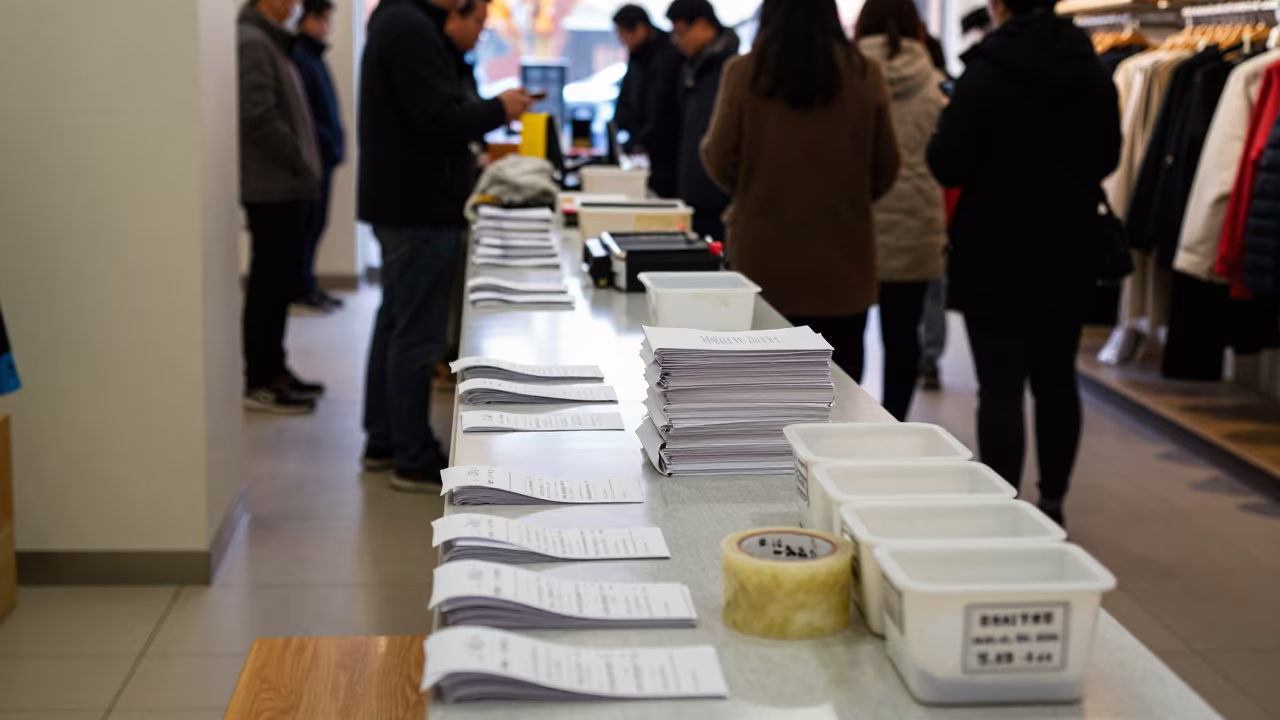 Returns Desk With Tape And Receipts In Qingdao Retail in inside a bright retail aisle in Qingdao