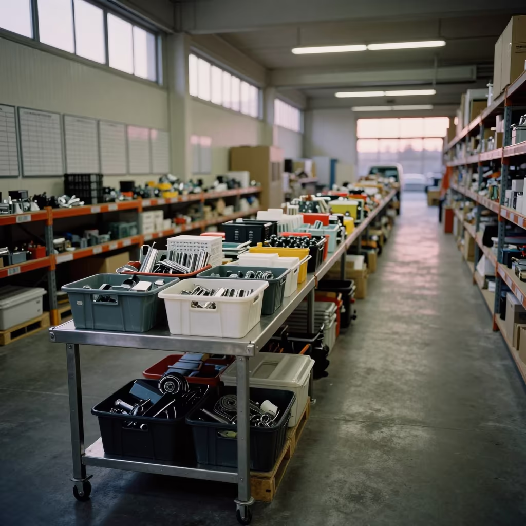 Returns Grading Bench Nautical Dawn Warehouse Santander in inside a warehouse aisle in Santander