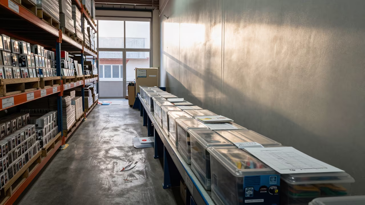 Returns Sort Island Late Afternoon Warehouse Porto in inside a warehouse aisle near Porto