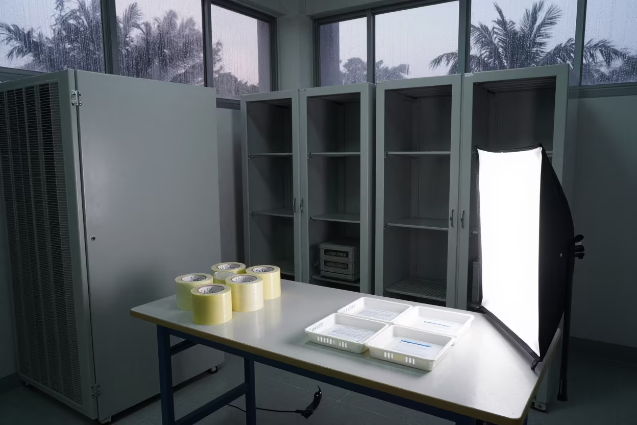 Returns table with tape and trays at dawn in Khulna in inside a chilled distribution bay in Khulna