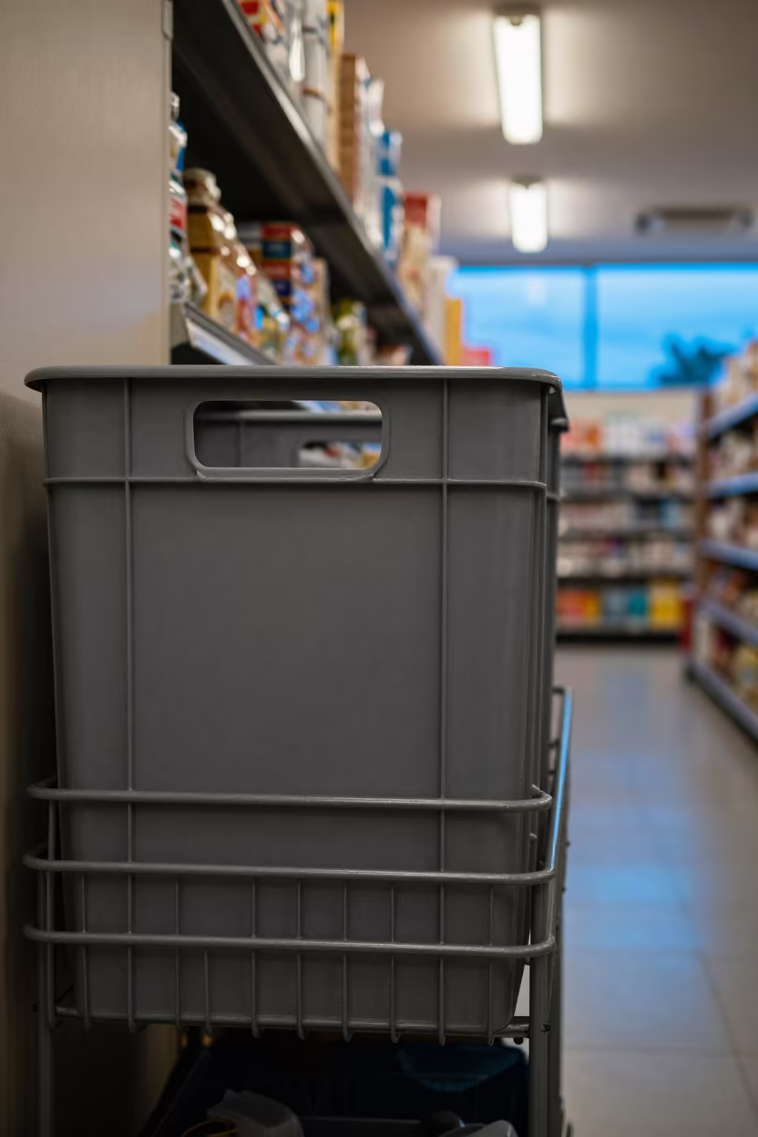 Returns tote in Natal retail aisle after sunset in inside a bright retail aisle in Natal