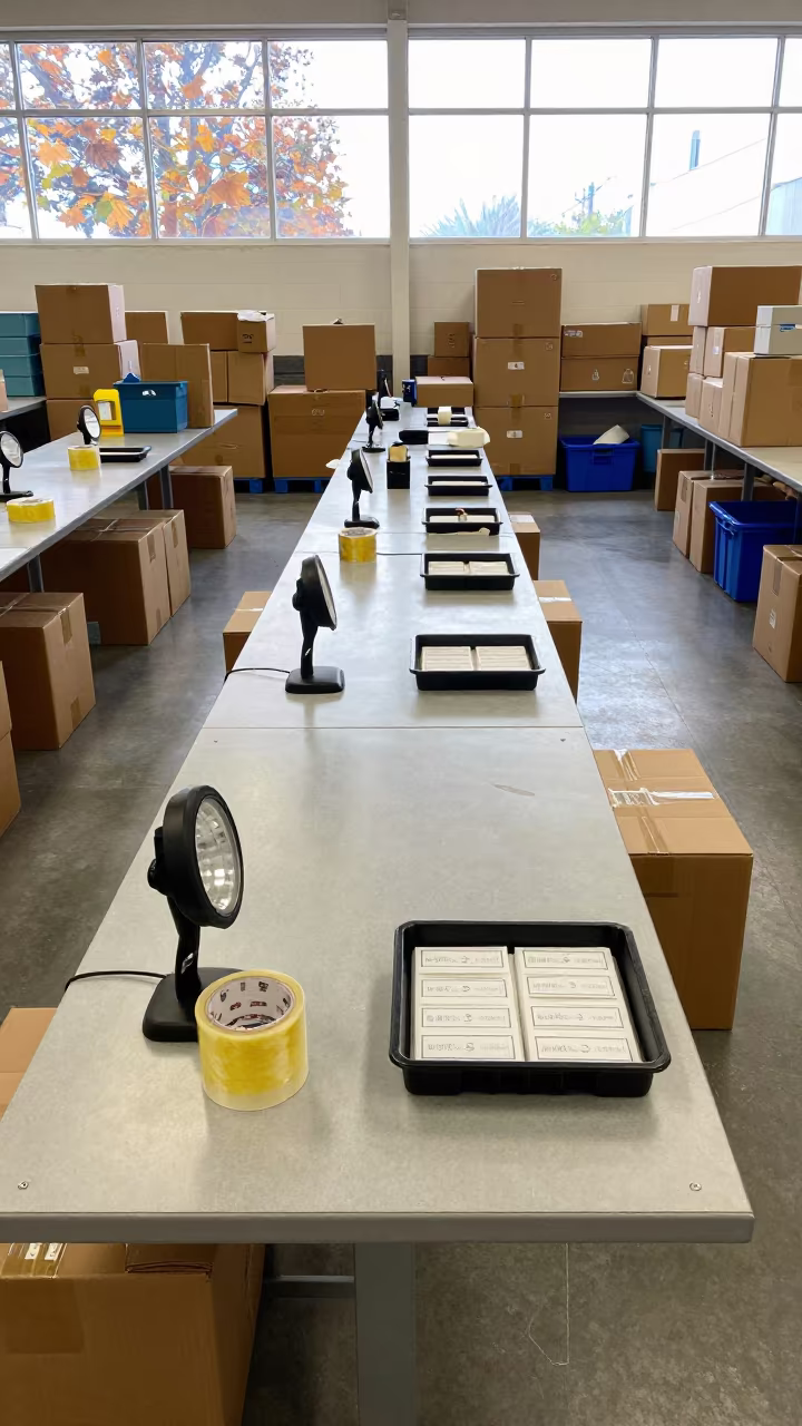 Returns Triage Bench in Alexandria Cross Dock in inside a cross-dock lane in Alexandria