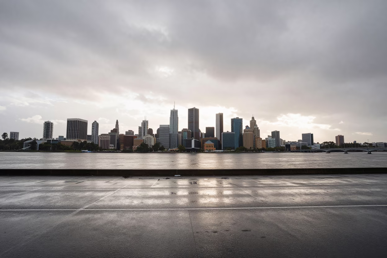 Reveals Skyline in Perth at First Light in in Perth, Western Australia, Australia