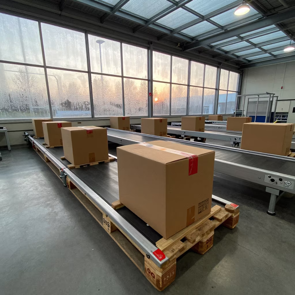 Reverse Logistics Pallet at Munich Dawn in at a parcel sorting belt near Sendling, Munich