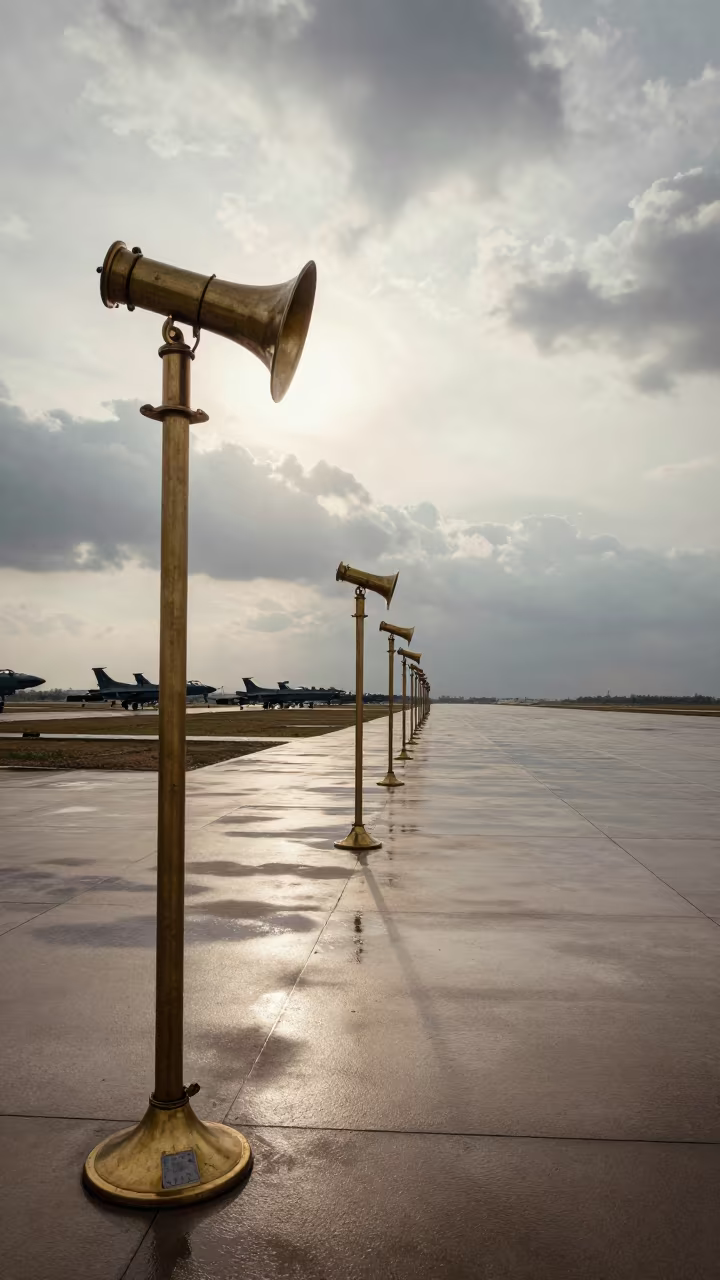 Review Stand and PA Horns on Uzbekistan Airbase in along an airbase flight line in Uzbekistan