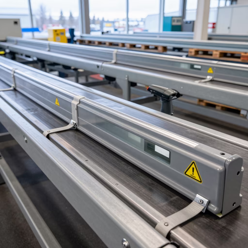 Reykjavik Dock Label Rail with Straps and Stickers in at a parcel sorting belt in Reykjavik