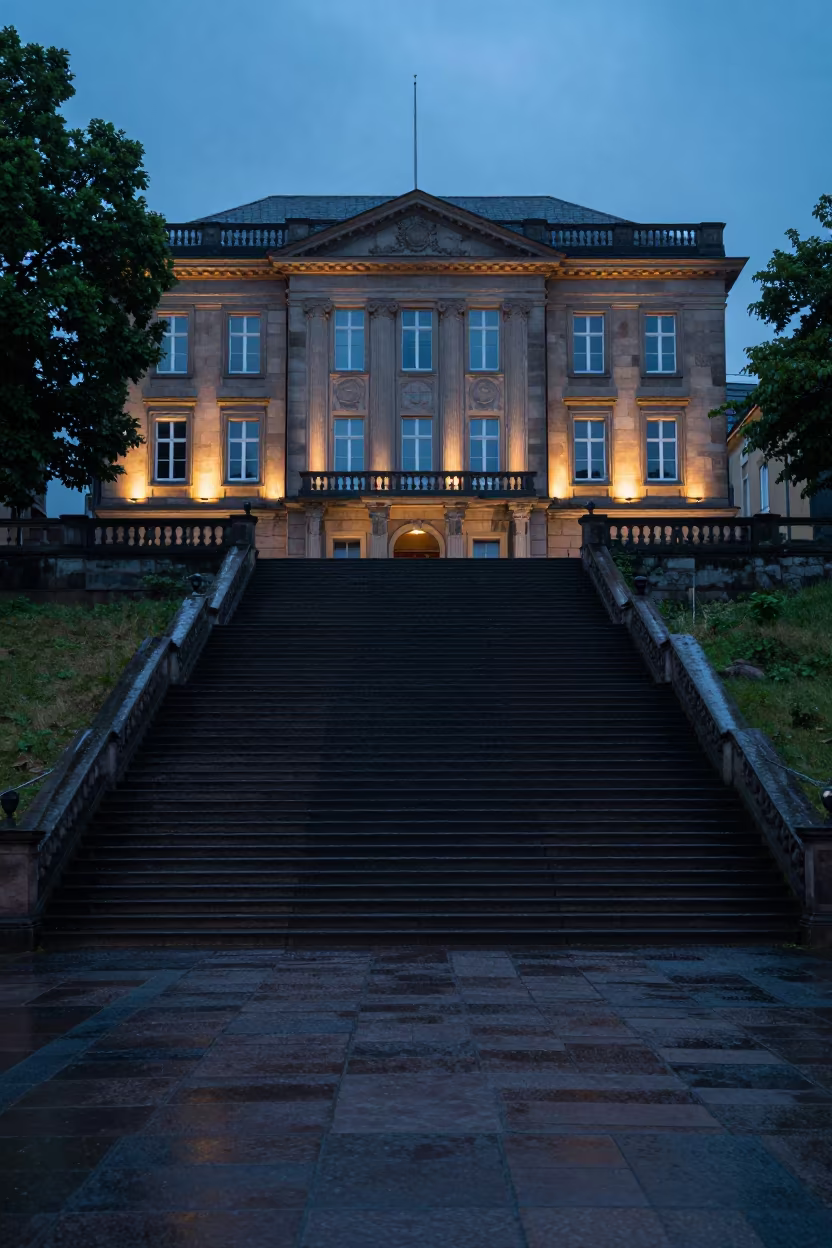 Rhine Archive Facade Blue Hour Staircase in at the base of a monumental staircase in the Rhine Valley
