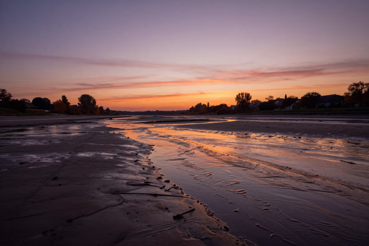 Rhine Valley Tidal Flat Sunset Wet Sand in across a wide valley floor in the Rhine Valley