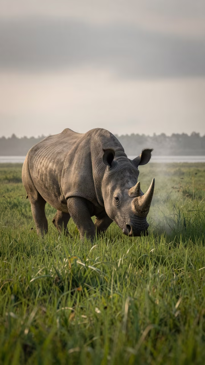 Rhinoceros Charging Through Grass at Dawn in beside a tidal inlet in Italy