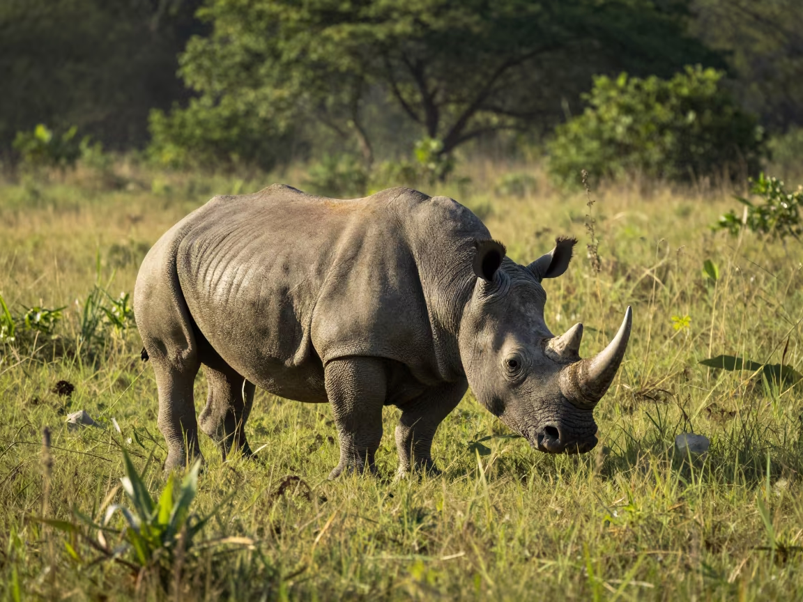 Rhinoceros Charging Through Grass at Dawn in along a game trail in Cuba