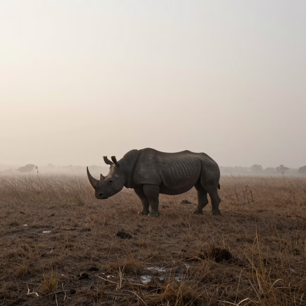 Rhinoceros Silhouette on Misty Ridge in on a wind-scoured ridge in Chubu
