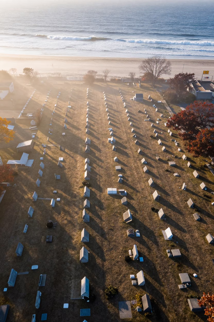 Rhode Island Cemetery Grid at Dawn Mist in far above surf-scalloped coastline in Rhode Island