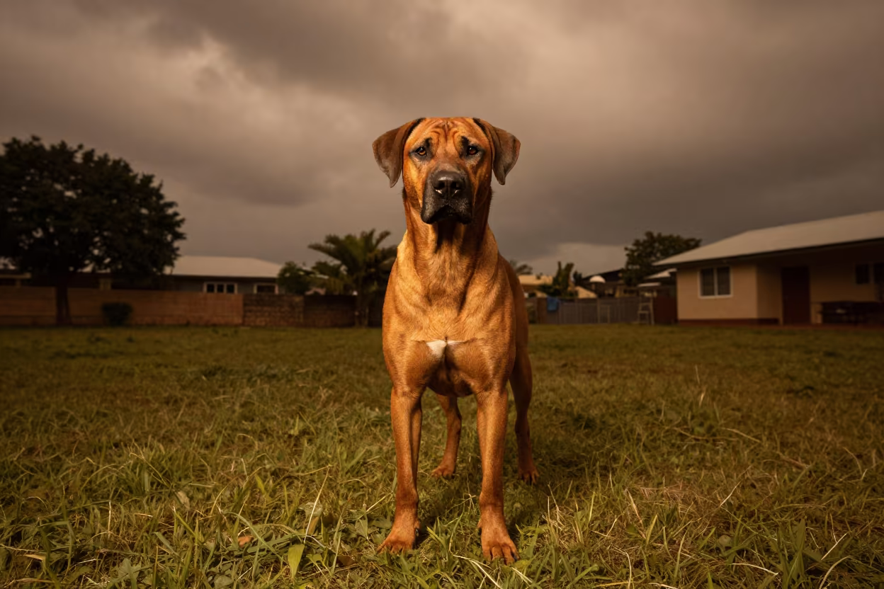 Rhodesian Ridgeback on Lilongwe Monsoon Path in in a small yard with clipped grass, calm light, and the animal centered in frame in Lilongwe