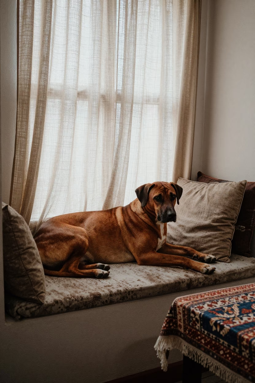 Rhodesian Ridgeback on Mogadishu Window Seat in on a window seat in a quiet apartment with soft side light in Mogadishu