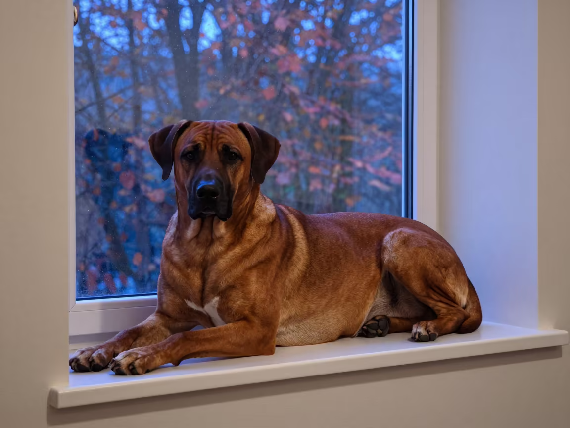 Rhodesian Ridgeback on Window Seat in Saskatoon in on a window seat in a quiet apartment with soft side light in Saskatoon