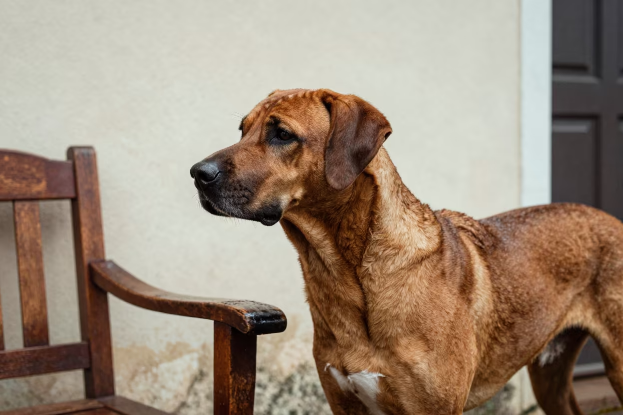 Rhodesian Ridgeback Portrait Beside Benguela Wall in beside a plain courtyard wall in clear daylight with the animal at eye level in Benguela
