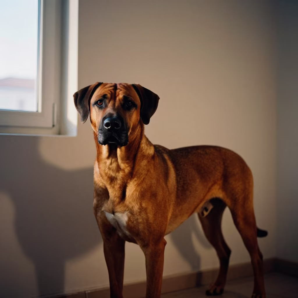 Rhodesian Ridgeback Portrait Beside Plaster Wall in beside a plain plaster wall in soft indoor light with the animal centered in frame in Mostaganem