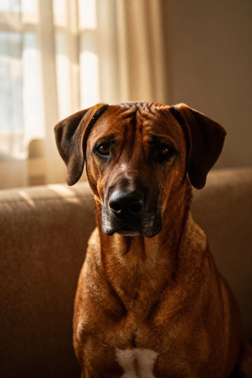 Rhodesian Ridgeback Portrait Golden Hour Galle in on a sofa near a curtained window with calm indoor light in Galle